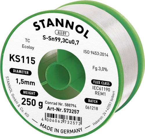 Stannol KS115 Lötzinn, bleifrei Spule Sn99,3Cu0,7 ROM1 250g 1.5mm von Stannol
