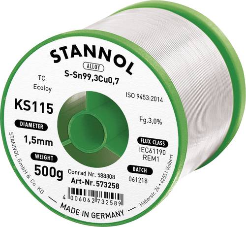 Stannol KS115 Lötzinn, bleifrei Spule Sn99,3Cu0,7 ROM1 500g 1.5mm von Stannol