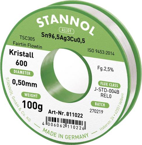 Stannol Kristall 600 Fairtin Lötzinn, bleifrei bleifrei Sn96,5Ag3Cu0,5 REL0 100g 0.5mm von Stannol