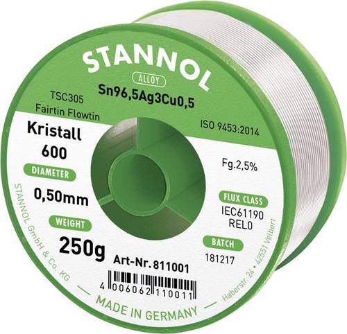 Stannol Kristall 600 Fairtin Lötzinn, bleifrei bleifrei Sn96,5Ag3Cu0,5 REL0 250g 0.5mm von Stannol