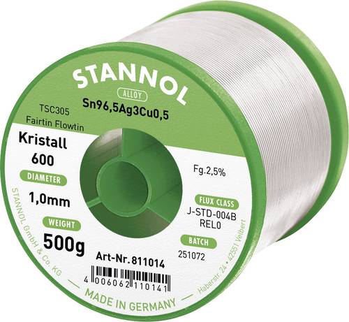 Stannol Kristall 600 Fairtin Lötzinn, bleifrei bleifrei Sn96,5Ag3Cu0,5 REL0 500g 1mm von Stannol