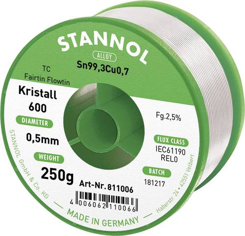 Stannol Kristall 600 Fairtin Lötzinn, bleifrei bleifrei Sn99,3Cu0,7 REL0 250g 0.5mm von Stannol