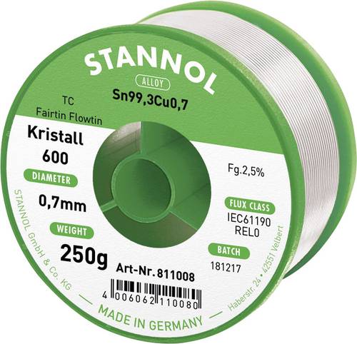 Stannol Kristall 600 Fairtin Lötzinn, bleifrei bleifrei Sn99,3Cu0,7 REL0 250g 0.7mm von Stannol
