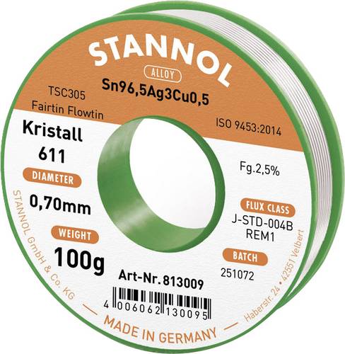Stannol Kristall 611 Fairtin Lötzinn, bleifrei bleifrei Sn96,5Ag3Cu0,5 REM1 100g 0.7mm von Stannol