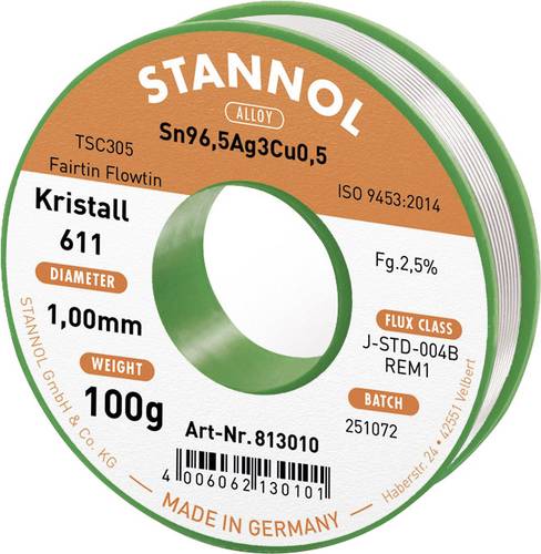 Stannol Kristall 611 Fairtin Lötzinn, bleifrei bleifrei Sn96,5Ag3Cu0,5 REM1 100g 1mm von Stannol