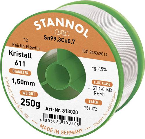 Stannol Kristall 611 Fairtin Lötzinn, bleifrei bleifrei Sn99,3Cu0,7 REM1 250g 1.5mm von Stannol