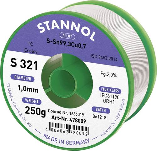 Stannol S321 2,0% 1,0MM SN99CU0,7CD 250G Lötzinn, bleifrei bleifrei, Spule Sn99,3Cu0,7 ORH1 250g 1mm von Stannol