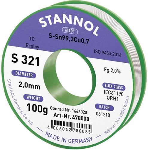 Stannol S321 2,0% 2,0MM SN99,3CU0,7 CD 100G Lötzinn, bleifrei bleifrei, Spule Sn99,3Cu0,7 ORH1 100g von Stannol