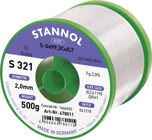Stannol S321 2,0% 2,0MM SN99,3CU0,7CD 500G Lötzinn, bleifrei bleifrei, Spule Sn99,3Cu0,7 ORH1 500g von Stannol