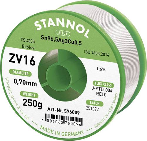 Stannol ZV16 Lötzinn, bleifrei bleifrei Sn96,5Ag3Cu0,5 REL0 250g 0.7mm von Stannol