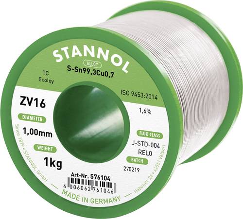 Stannol ZV16 Lötzinn, bleifrei bleifrei Sn99,3Cu0,7 REL0 1000g 1mm von Stannol