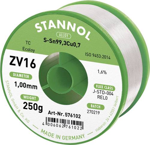Stannol ZV16 Lötzinn, bleifrei bleifrei Sn99,3Cu0,7 REL0 250g 1mm von Stannol