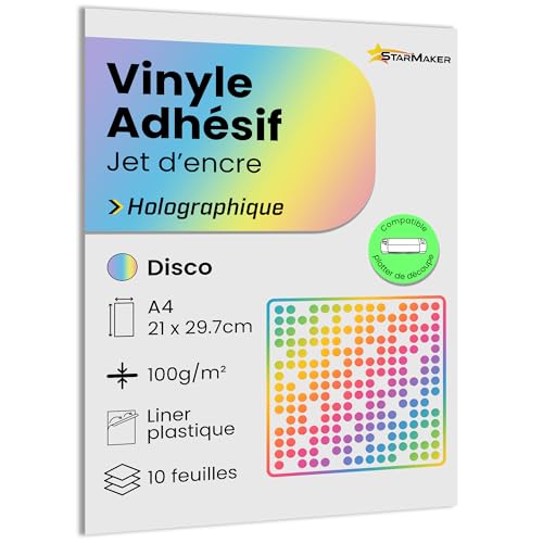 A4 x 10 Blatt selbstklebendes Vinyl, holografisch, mit Kunststofffolie, Klebepapier, kompatibel mit Tintenstrahldrucker und Plotter, wasserdicht und strapazierfähig, für Premium-Aufkleber (Disco) von StarMaker