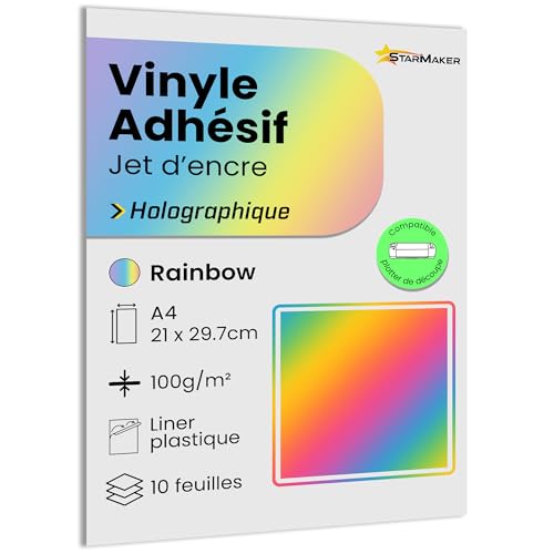 A4 x 10 Blatt selbstklebendes Vinyl, holografisch, mit Kunststofffolie, Klebepapier, kompatibel mit Tintenstrahldrucker und Plotter, wasserdicht und strapazierfähig, für Premium-Aufkleber (Rainbow) von StarMaker