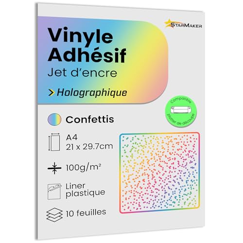 A4 x 10 Blatt selbstklebendes Vinyl, holografisch, mit Kunststofffolie, Klebepapier, kompatibel mit Tintenstrahldrucker und Plotter, wasserdicht und strapazierfähig, für Premium-Aufkleber (Konfetti) von StarMaker