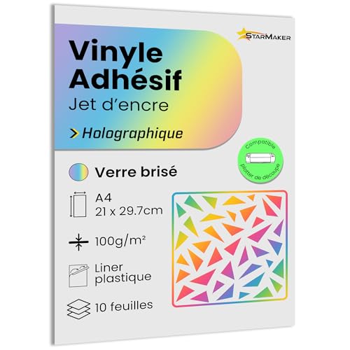 A4 x 10 Blatt selbstklebendes Vinyl, holografisch, mit Kunststoffliner, Klebepapier, kompatibel mit Tintenstrahldrucker und Plotter, wasserdicht und strapazierfähig, für Premium-Aufkleber (Bruchglas) von StarMaker