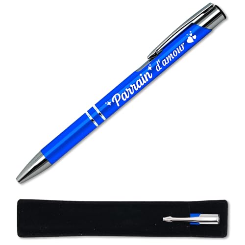 Kugelschreiber Liebespate, Blau, graviert, mit Stoffetui, originelle Geschenkidee für Paten, personalisierbar, Geschenk zur Geburt, französische Gravur von StarMaker