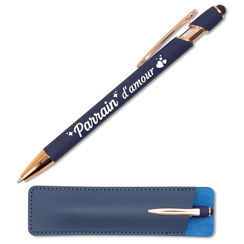Kugelschreiber Liebespate, kupferblau, graviert, mit Lederetui – originelle Geschenkidee für Paten – Metall-Touch-Stift 2-in-1 personalisierbar, Geschenk zur Geburt, französische Gravur von StarMaker