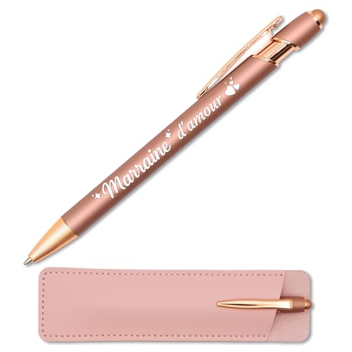 Kugelschreiber für Patentante Rose Gold Kupfer graviert mit Lederetui – originelle Geschenkidee für Patentante – Metall-Touch-Stift 2-in-1 personalisierbar – Geschenk zur Geburt, französische Gravur von StarMaker