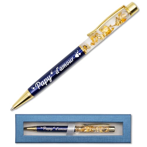 StarMaker Kugelschreiber mit Goldfolie, graviert, Papy d'Amour, Blau, mit Geschenkbox – Geschenkidee zum Großvatertag – personalisierbarer Metallstift, französische Gravur von StarMaker