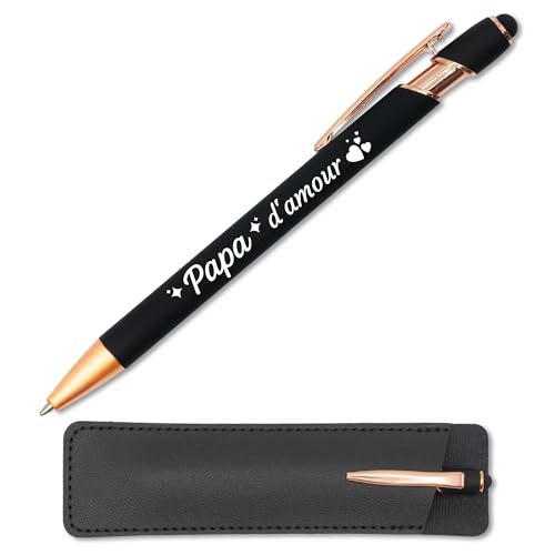 Touch-Stift mit Gravur "Liebespapa", Schwarz, Kupfer, mit Lederetui – Geschenkidee zum Vatertag – originelle Geschenkidee zum Vatertag – 2-in-1 Metallstift mit personalisierbarer französischer Gravur von StarMaker