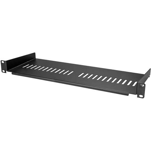 StarTech.com 1HE Fachboden - 1U perforiertes Universal-Rack-Montage-Regal für 19 Zoll Netzwerkschränke - Passiv belüftet - Heavy Duty- Tragfähigkeit 20kg - 18cm tiefe Ablage, schwarz (CABSHELF1U7V) von StarTech.com