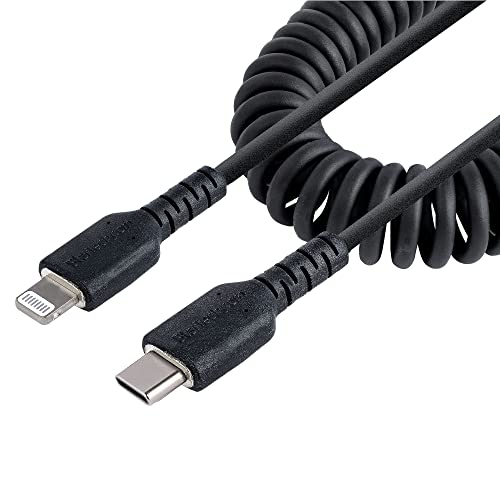 StarTech.com 1m USB C auf Lightning Kabel, spiralkabel, MFi-zertifiziert, Schnellladekabel für iPhone/iPad/iPod, schwarz, langlebiger TPE-Mantel aus Aramidfaser, USB C 2.0 Kabel (RUSB2CLT1MBC) von StarTech.com