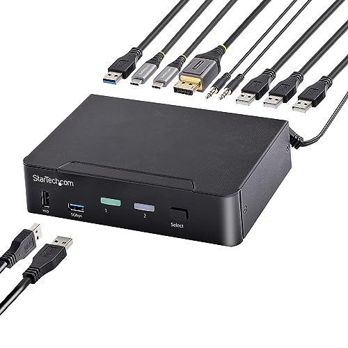 StarTech.com 2-Port USB C KVM Switch, KVM Umschalter mit 4K 60Hz DisplayPort UHD HDR Video, Thunderbolt 3/4 und USB C DP Alt Mode, Audio, 4x USB, 2x USB-A 5 Gbit/s Hub, Hot Key Switching (SV231DPUCA) von StarTech.com