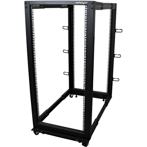 StarTech.com 4-Pfosten 25 HE Mobiles Open Frame Serverrack, 19" Netzwerk Rack mit Rädern, Rack für Computer/AV/Daten/IT Geräte - Rollen, Nivellierfüße oder Bodenmontage (4POSTRACK25U) von StarTech.com