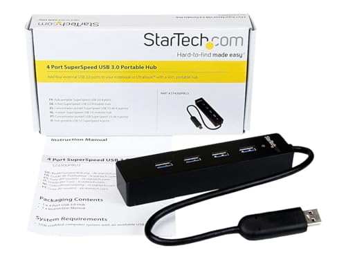 StarTech.com 4 Port USB 3.0 SuperSpeed Hub - Schwarz - Portabler externer USB Hub mit eingebautem Kabel von StarTech.com