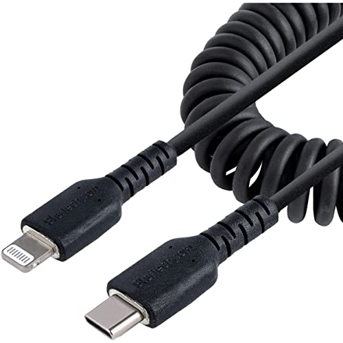StarTech.com 50cm USB C auf Lightning Kabel, spiralkabel, MFi-zertifiziert, Schnellladekabel für iPhone/iPad , schwarz, langlebiger TPE-Mantel aus Aramidfaser, USB C 2.0 Kabel (RUSB2CLT50CMBC) von StarTech.com