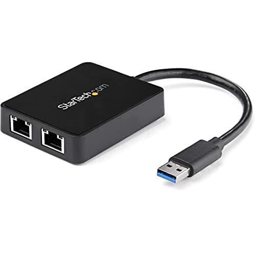 StarTech.com USB 3.0 auf Dual Gigabit Ethernet Adapter - USB 3.0 2x 10/100/1000Mbit/s Netzwerk Adapter NIC mit USB Port - USB zu 2x RJ45 - USB Passthrough Port - Schwarz (USB32000SPT) von StarTech.com