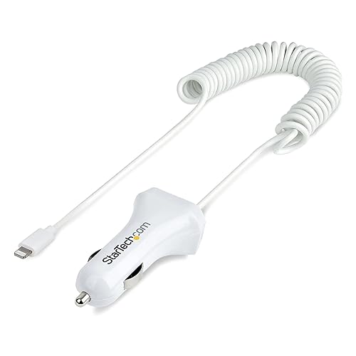 StarTech.com Zigarettenanzünder USB Ladegerät mit Lightning Spiralkabel, 1m Spiralkabel, 12W, 2 Port USB Auto Ladegerät Adapter für Handy und Tablet, Dual Kfz USB Schnellladegerät (USBLT2PCARW2) von StarTech.com