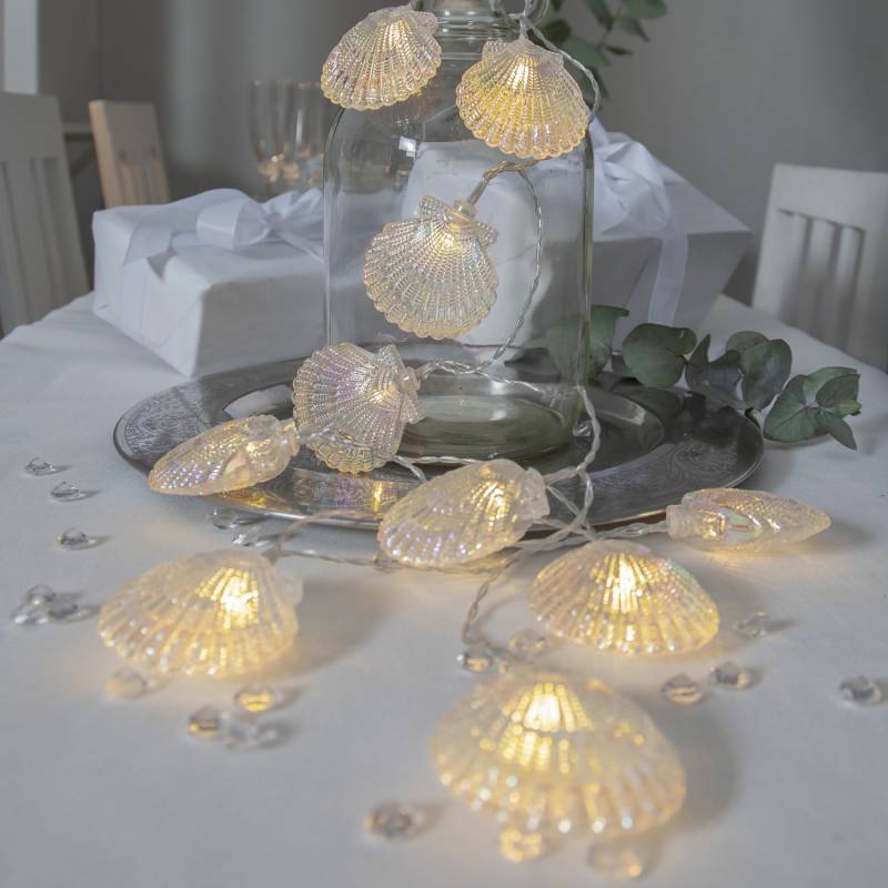 LED Lichterkette Muscheln  - 10 warmweiße LED - L: 1,35m - Batterie - Timer - für Innen - weiß von StarTrading