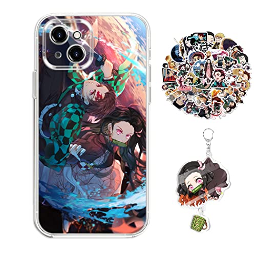 Demon -Slayer Hülle für iPhone 14 Anime Handyhülle [Mit Schlüsselbund und 50pcs Aufkleber] Cartoons Transparent Silikon Case Hülle für iPhone 14 von Staremeplz