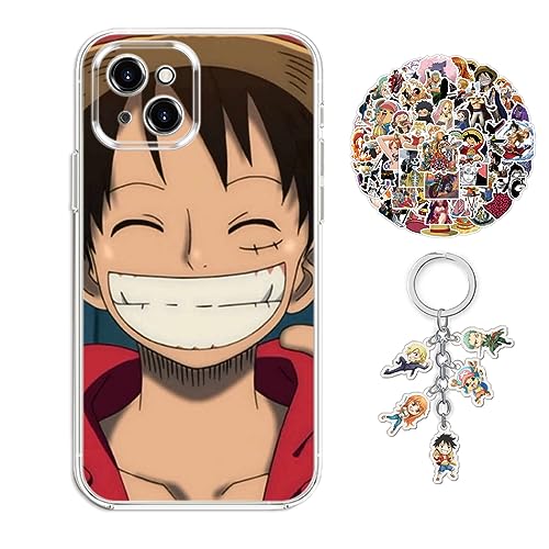 Staremeplz One -Piece Hülle für iPhone 15 Anime Luffy Handyhülle [Mit Schlüsselbund und 50pcs Aufkleber] Cartoons Transparent Silikon Case Hülle für iPhone 15 von Staremeplz