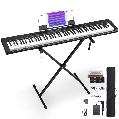 Starfavor Blutooth MIDI Digital Piano Klavier, E Piano 88 Tasten Semi-weighted, Aufladbar Tragbar Electronic Keyboards mit Ständer, Sustain Pedal, and Carrying Case für Anfänger SP-88S Black von Starfavor