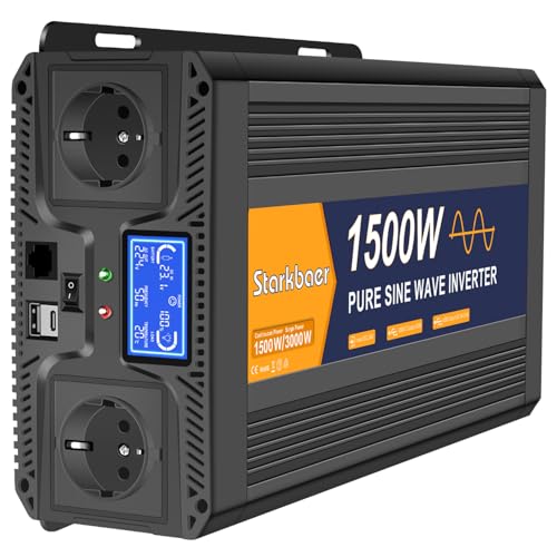 Starkbaer 1500W Wechselrichter 24v auf 230v Reiner Sinus Spannungswandler mit LCD-Bildschirm, Fernbedienung,AC Steckdosen,Type-C,USB Anschlüsse Für Reisen im Freien,Stromerzeugung auf dem Balkon von Starkbaer