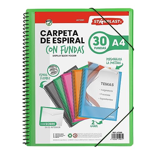 Starplast Mappe mit flexiblen Spiralhüllen - 30 transparente Hüllen, A4, elastischer Verschluss, Polypropylen-Deckel, anpassbare Vorderseite, für den Schul- und Bürogebrauch - Grün von Starplast
