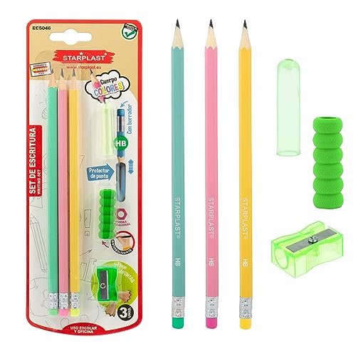 Starplast Maxicolor Schreibset - 3 Bleistifte HB, Anspitzer, Schutz und Rutschfest - GRÜN-ROSA-GELB von Starplast