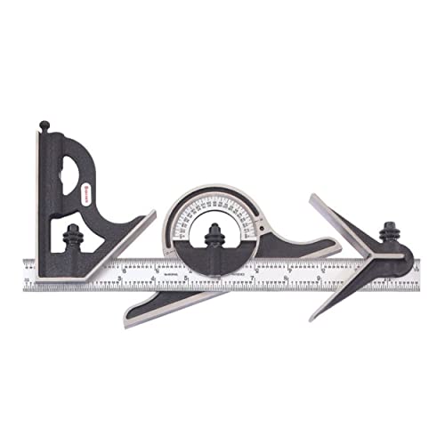 Starrett C9-12-4R Kombi-Set, mit Gusseisenköpfen, Zentrier-, Vierkant- und Winkelmesserköpfen, schwarzem Knitterfinish, satinierter Chromklinge, 12", 4R Grad von Starrett