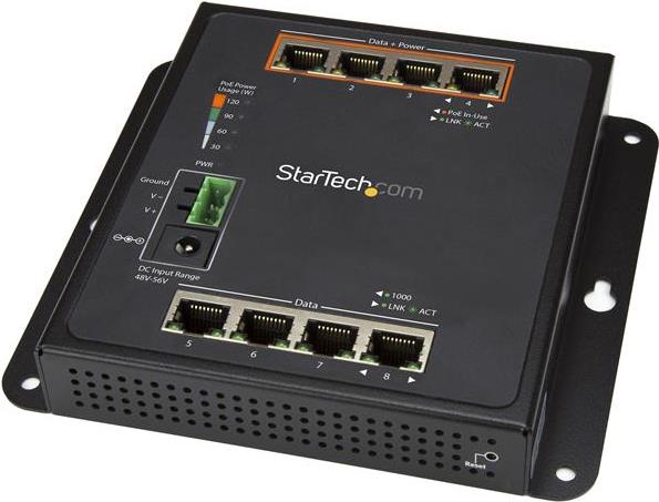 StarTech.com 8-Port (4 PoE+) Gigabit Ethernet Switch - Managed - Wall Mount with Front Access - Switch - verwaltet - 4 x 10/100/1000 + 4 x 10/100/1000 (PoE+) - wandmontierbar - PoE+ (120 W) - Gleichstrom von Startech