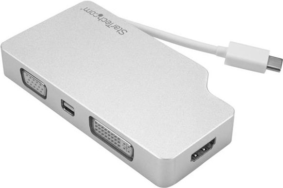 StarTech.com Aluminium Reise A/V Adapter 4-in-1 USB-C auf VGA, DVI, HDMI oder mDP - USB Type-C Adapter - 4K - Videoadapter - USB-C männlich zu HD-15 (VGA), DVI-D, HDMI, Mini DisplayPort weiblich - 10.5 cm - Silber - 4K Unterstützung, aktiv von Startech