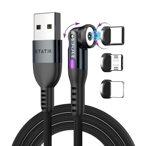Statik 360 Magnetisches Handy-Ladegerät 2. Generation | USB C Ladekabel | 3-in-1 Magnetisches Ladekabel | iProduct, Micro-USB, USB-A & USBC Ladekabel | Schwarz, 6FT/2M von Statik