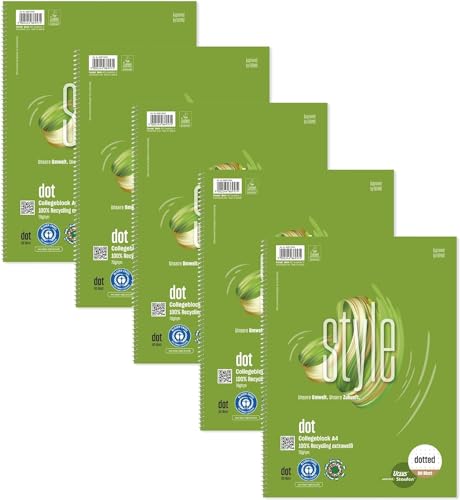 Staufen 608573000 - Staufen Green Collegeblock, DIN A4, Lineatur DOTTED, 80 Blatt, 4-fach Lochung, premiumweißes 70g/m² Recyclingpapier, 5 Stück von Staufen