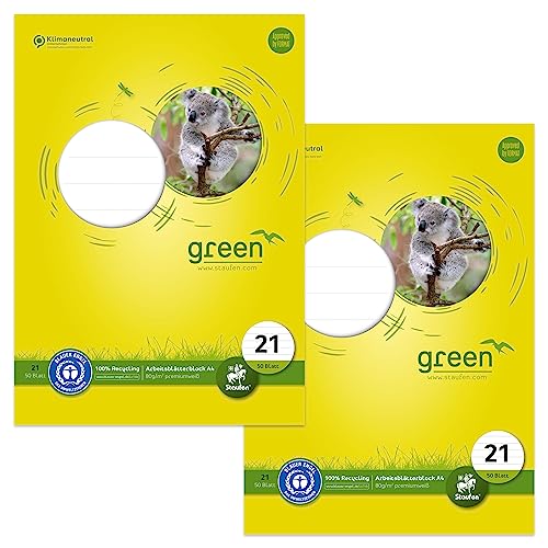 Staufen Green Arbeitsblätterblock - DIN A4, Lineatur 21 (9 mm liniert), 2 Blöcke je 50 Blatt, 4-fach Lochung, 80 g/m² Recyclingpapier von Staufen