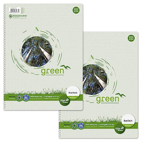 Staufen Green Collegeblock - DIN A4, 5 mm kariert, 2 Blöcke je 80 Blatt, 4-fach Lochung, 60 g/m² Recyclingpapier von Staufen