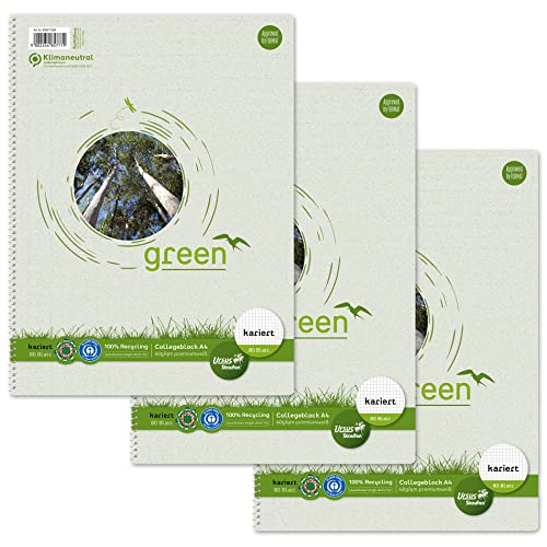 Staufen Green Collegeblock - DIN A4, 5mm kariert, 80 Blatt, 4-fach Lochung, premiumweißes 60g/m² Recyclingpapier, 3 Stück von Staufen