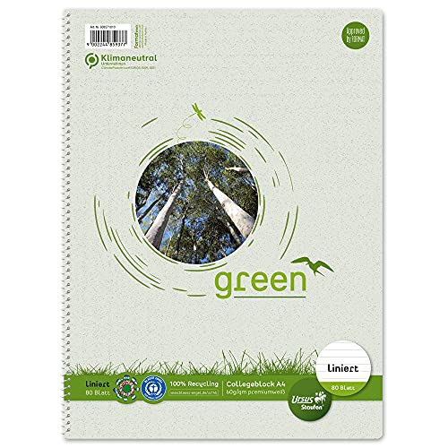 Staufen Green Collegeblock - DIN A4, 9mm liniert, 80 Blatt, 4-fach Lochung, premiumweißes 60g/m² Recyclingpapier, 1 Stück von Staufen