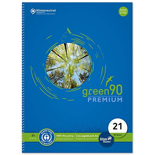 Staufen Green Collegeblock - DIN A4, Lineatur 21 (9 mm liniert), 80 Blatt, 4-fach Lochung, premiumweißes 90g/m² Recyclingpapier, 1 Stück von Staufen